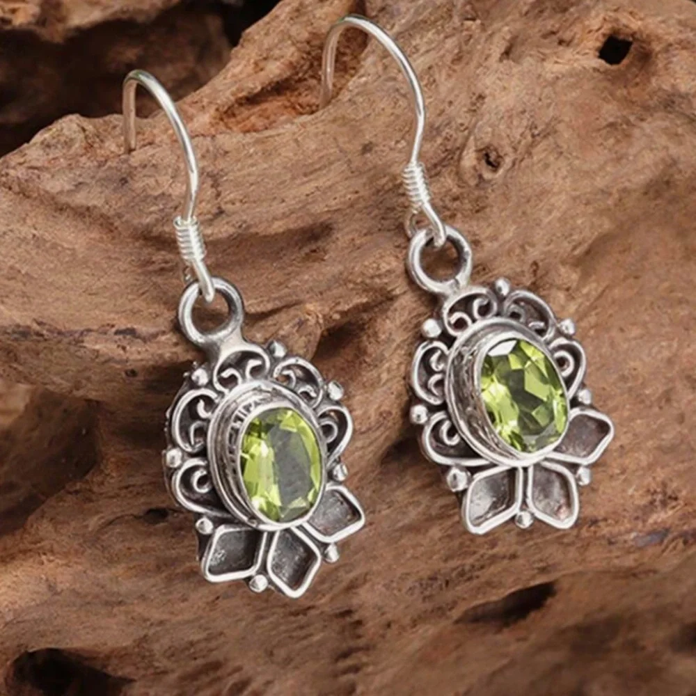 Silver Ornamental Olive Green Crystal Drop Earrings - Picture 2 of 5